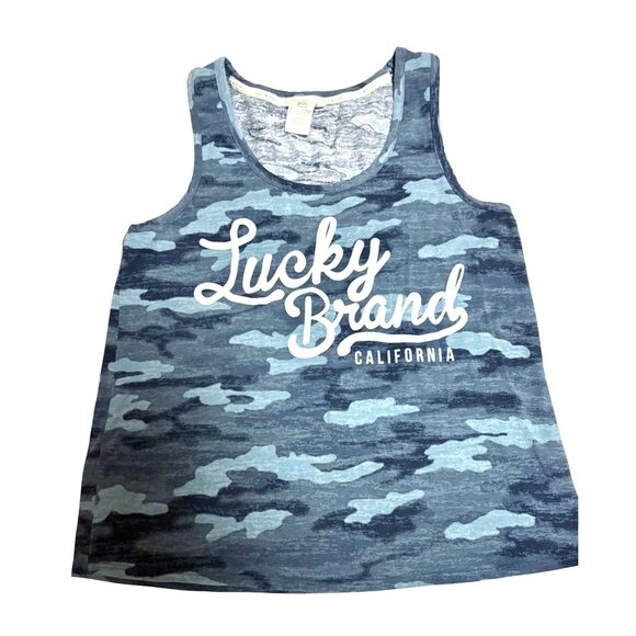 Lucky Brand Blue Camo Tank Top Women's Large 95% Cotton 5% Spandex Graphic Print - Picture 1 of 3